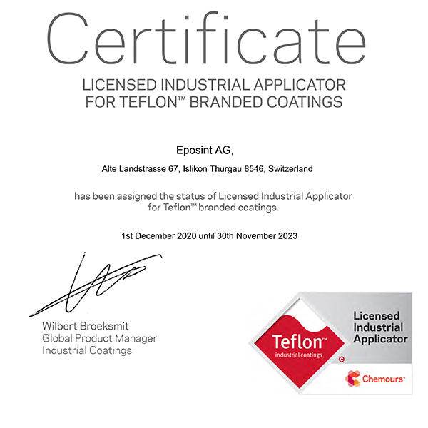 Eposint AG Zertifikat als lizensierter Teflon Beschichter der Firma Chemours